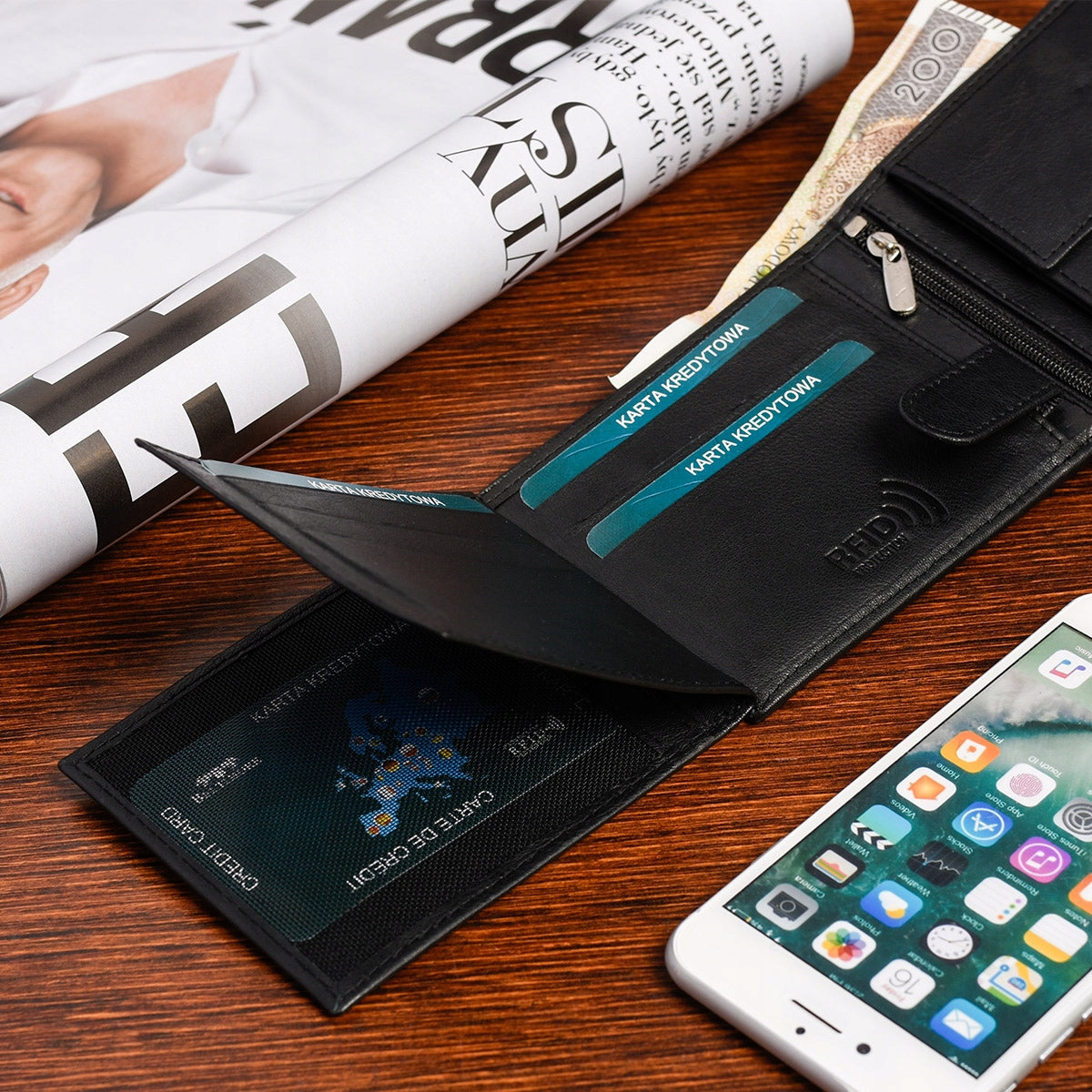 Didelės klasikinės juodos spalvos horizontalios odinės vyriškos piniginės natūralios odos Beltimore