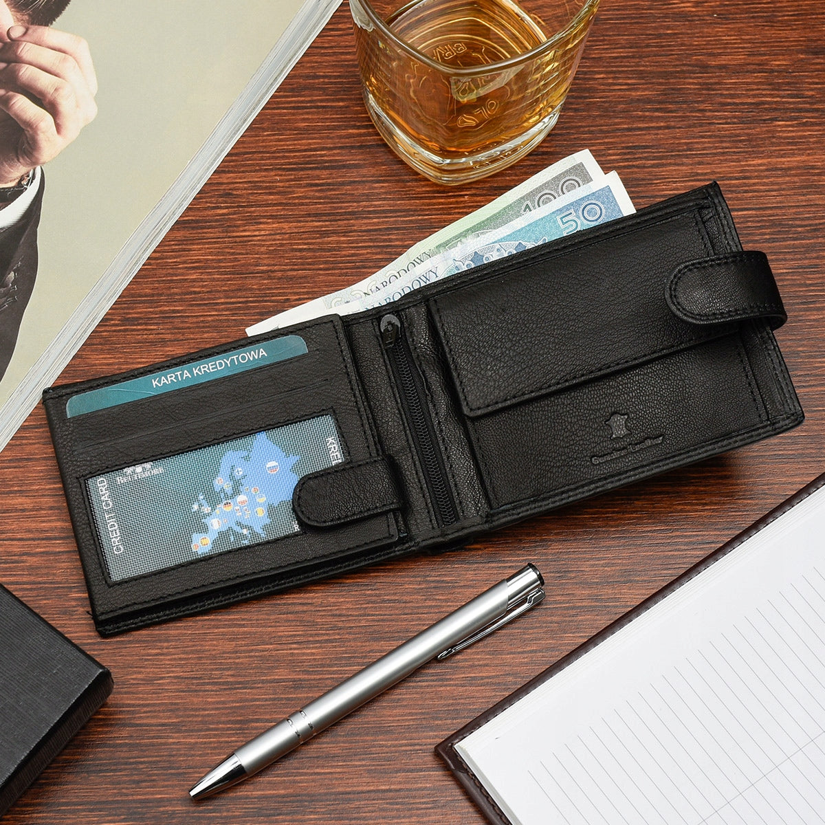 Didelės klasikinės juodos spalvos horizontalios odinės vyriškos piniginės natūralios odos Beltimore