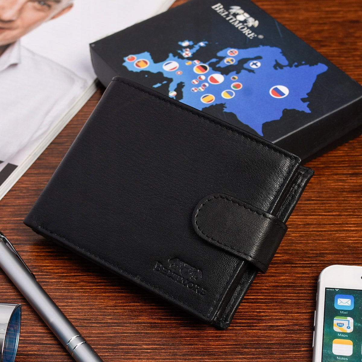 Didelės klasikinės juodos spalvos horizontalios odinės vyriškos piniginės natūralios odos Beltimore