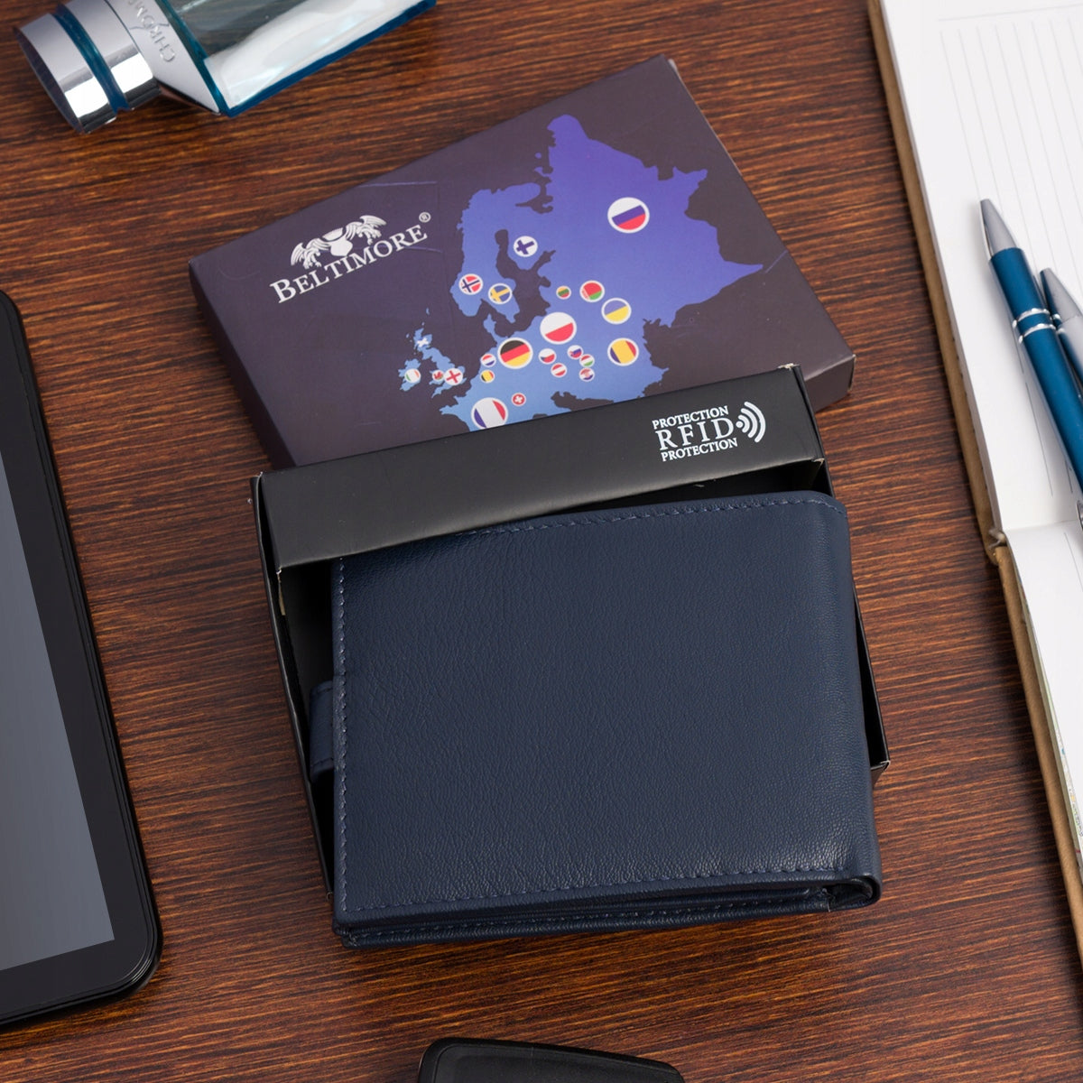 Klasikinis didelis horizontalus vyriškas odinis natūralios odos dėklas "Beltimore" tamsiai mėlynos spalvos