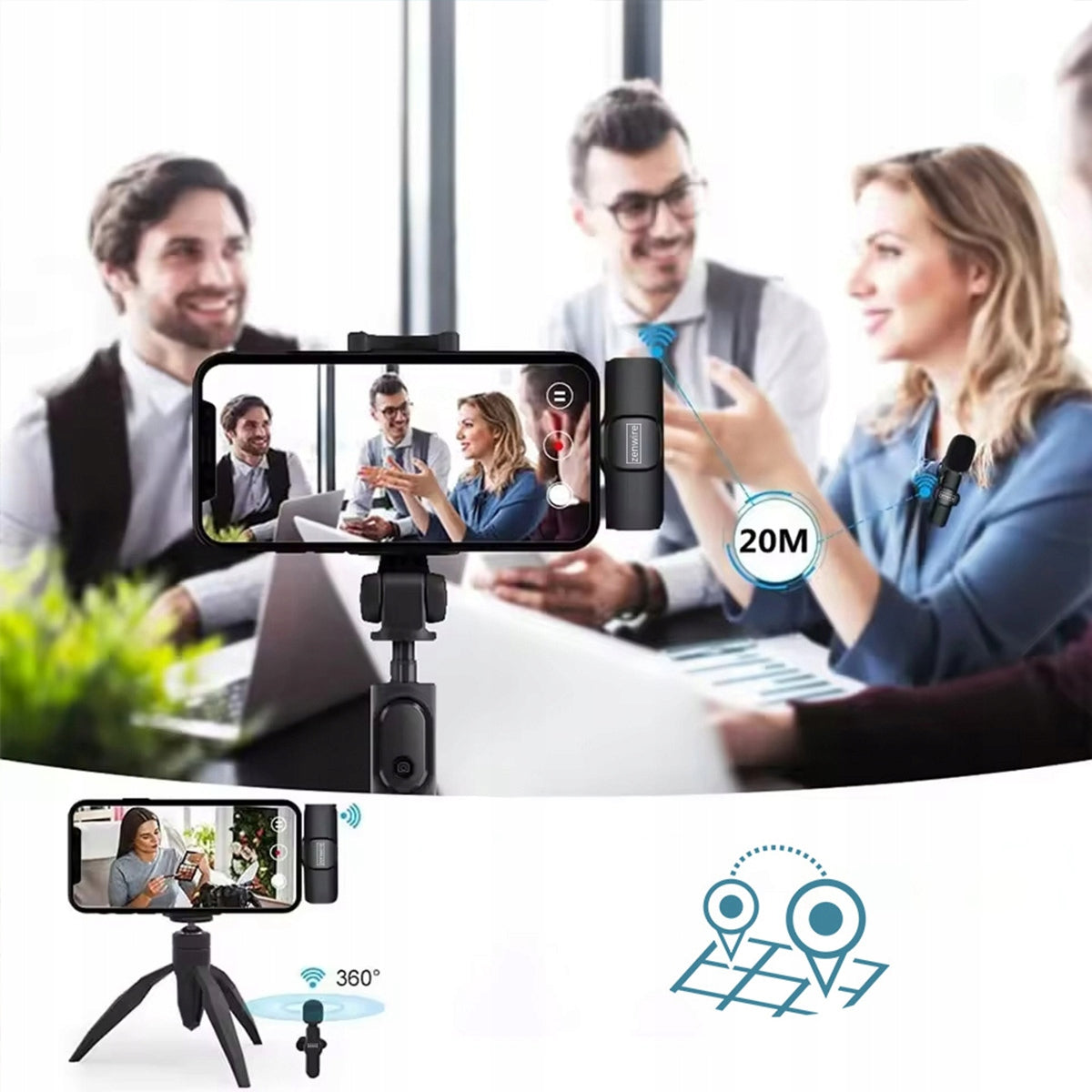 Mini belaidis atlapinis kondensatorinis mikrofonas telefonui, kompiuteriui, USB-C