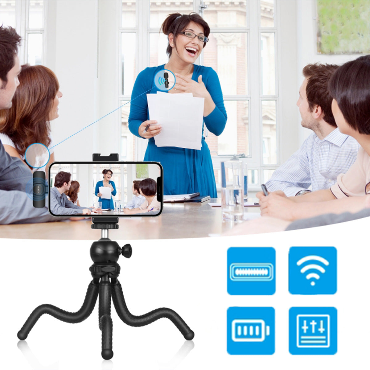 Mini belaidis atlapinis kondensatorinis mikrofonas telefonui, kompiuteriui, USB-C