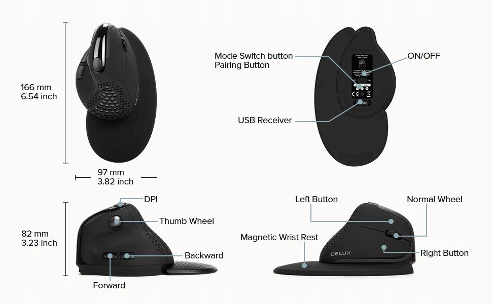 Bevielė vertikali žaidimų pelė nešiojamam kompiuteriui su RGB apšvietimu