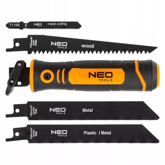 NEO Rankos pjūklas su 4 vnt. metalo/plastiko/medžio pjūklelių rinkiniu, 150 mm