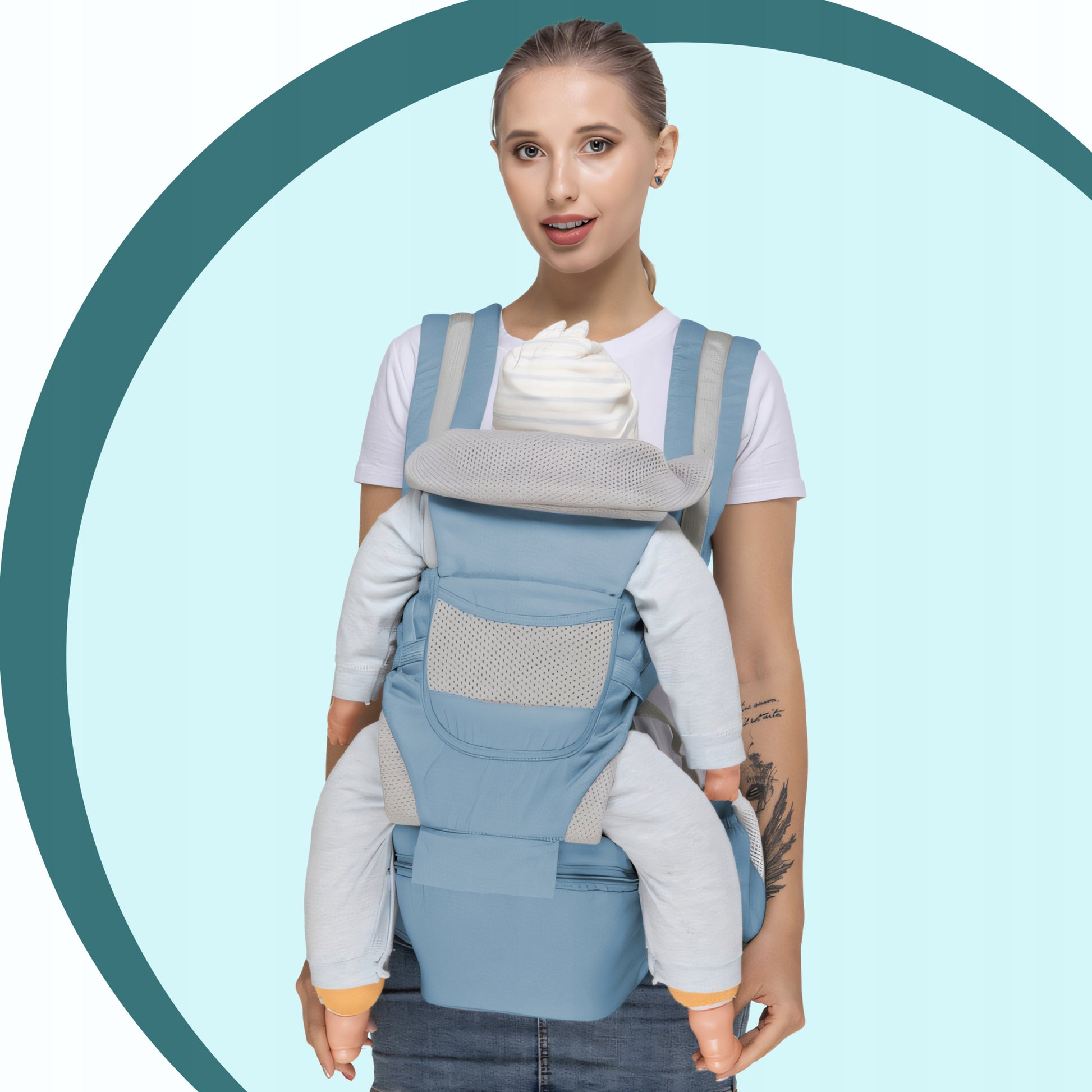 Daugiafunkcinė vaikiška nešynė, sėdynė ant klubo ir ant nugaros