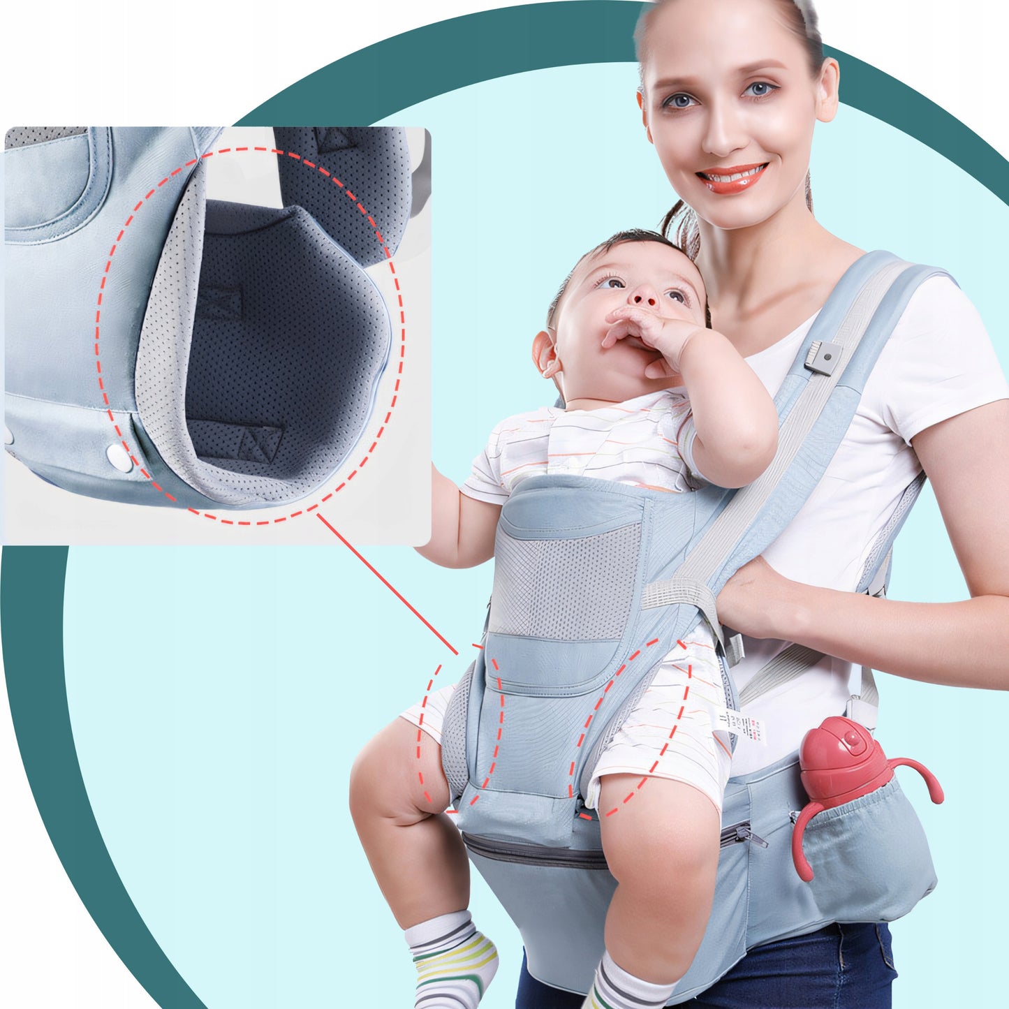 Daugiafunkcinė vaikiška nešynė, sėdynė ant klubo ir ant nugaros