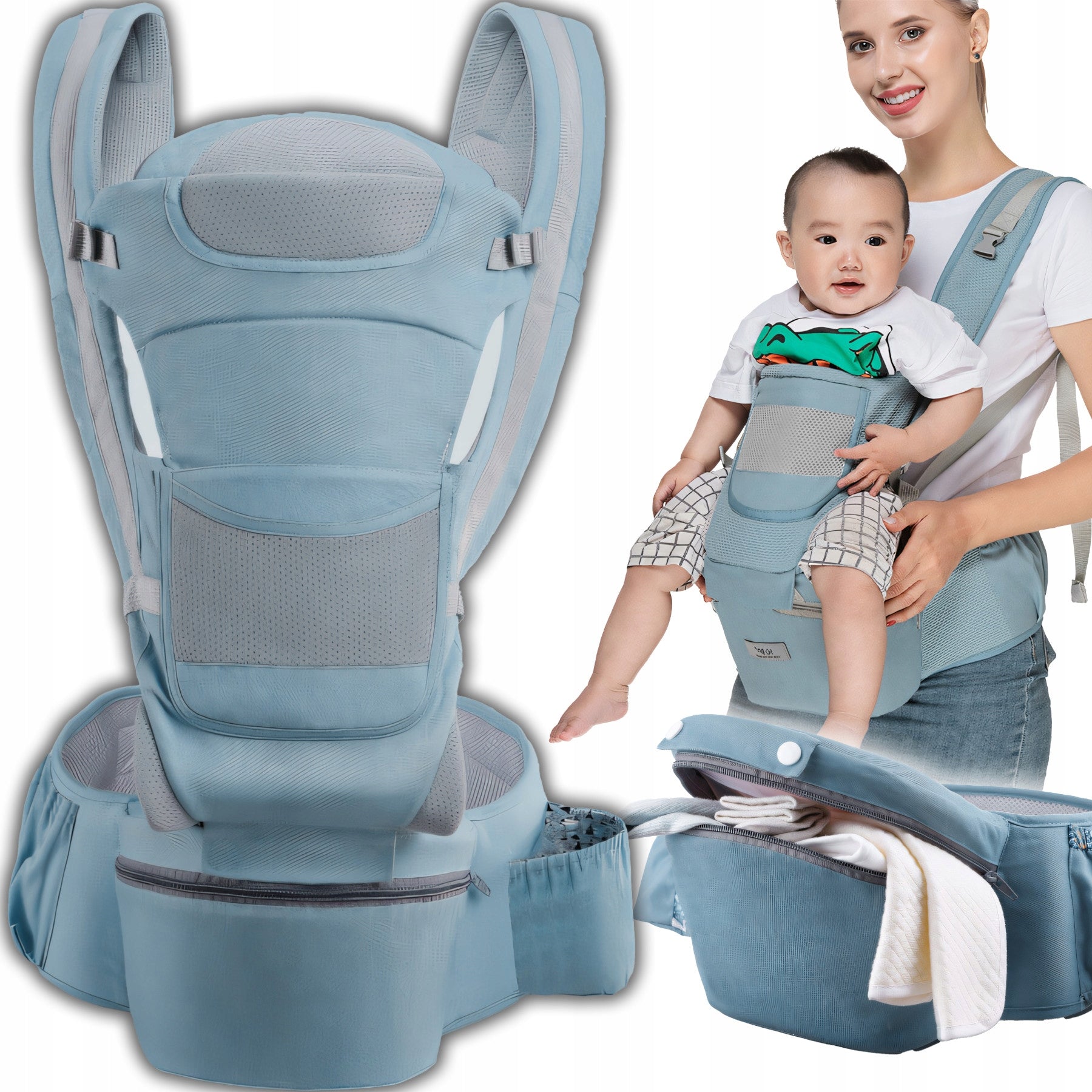 Daugiafunkcinė vaikiška nešynė, sėdynė ant klubo ir ant nugaros