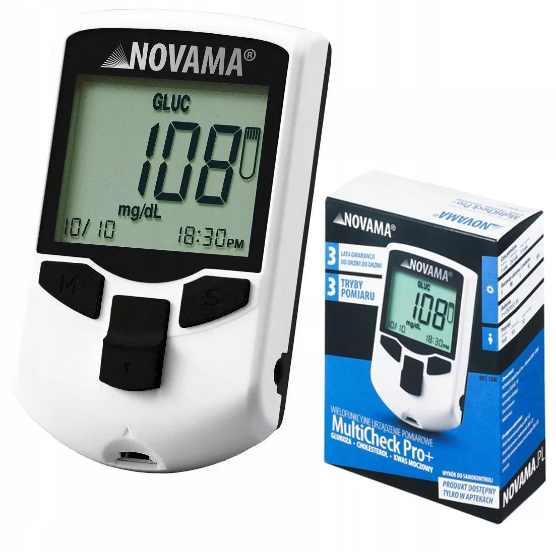 Gliukomatis Novama MULTICHECK PRO+ su cholesterolio, gliukozės ir šlapimo rūgšties matavimo funkcija