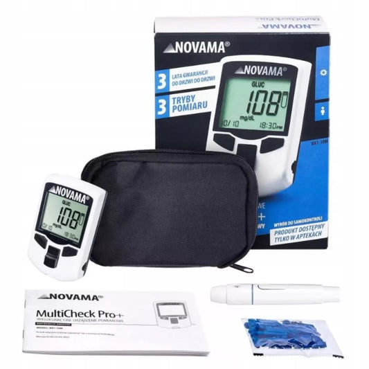 Gliukomatis Novama MULTICHECK PRO+ su cholesterolio, gliukozės ir šlapimo rūgšties matavimo funkcija