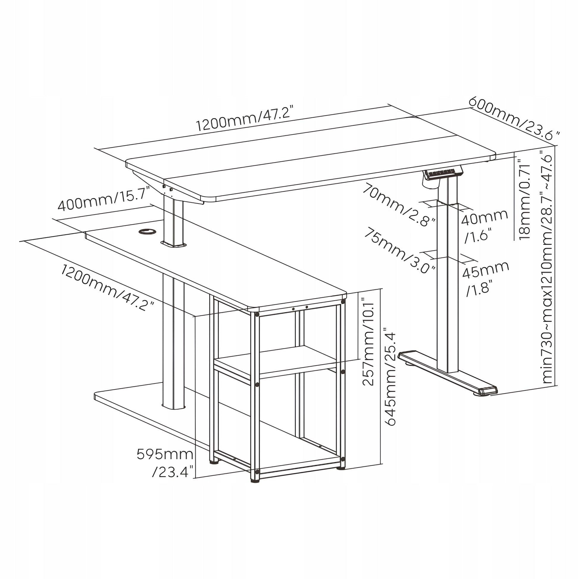 Modernus stilingas L formos juodas elektrinis rašomasis stalas