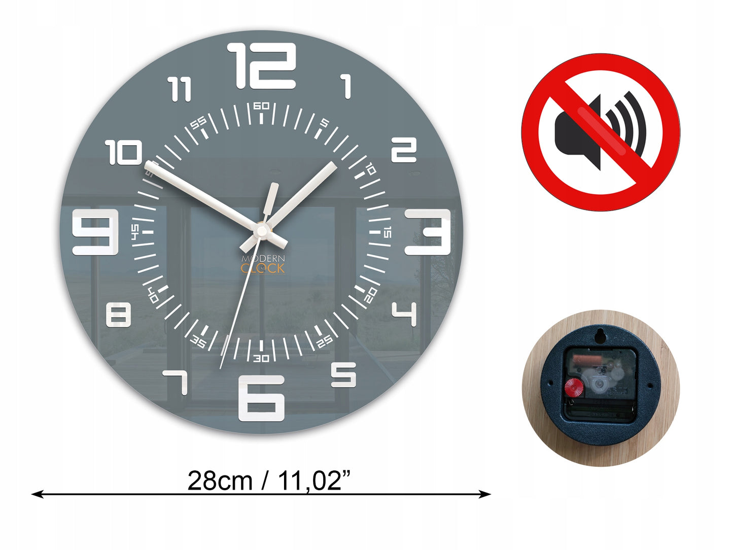 Modernus sieninis laikrodis Mars 28 cm – tylus mechanizmas, elegantiškas dizainas