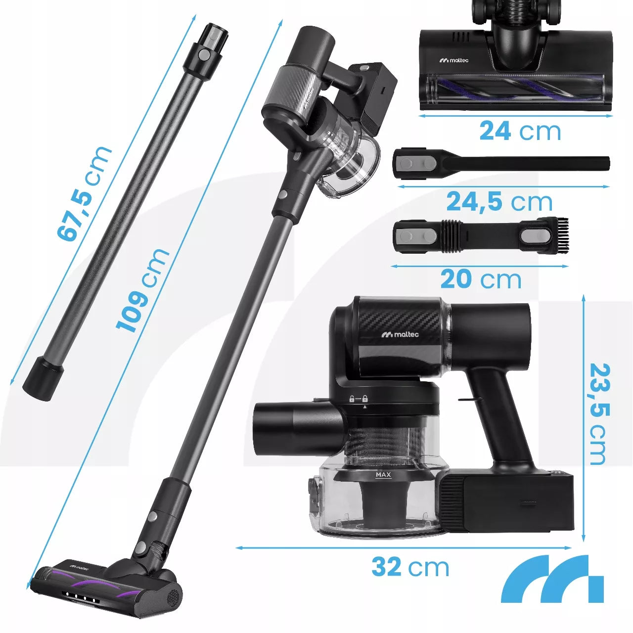 Belaidis vertikalus dulkių siurblys be maišelio, elektrinis šepetys, LED, 3in1, 250W