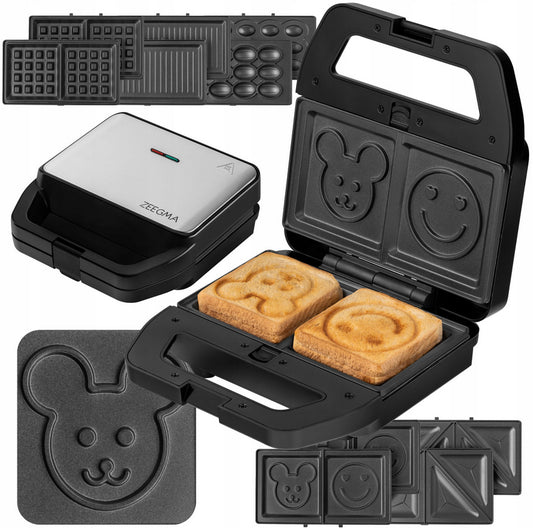 Panini grilis, skrudintuvas, grilis, vaflių keptuvė, riešutų formelių keptuvė 6-in-1, 5 plokštelės, 800W