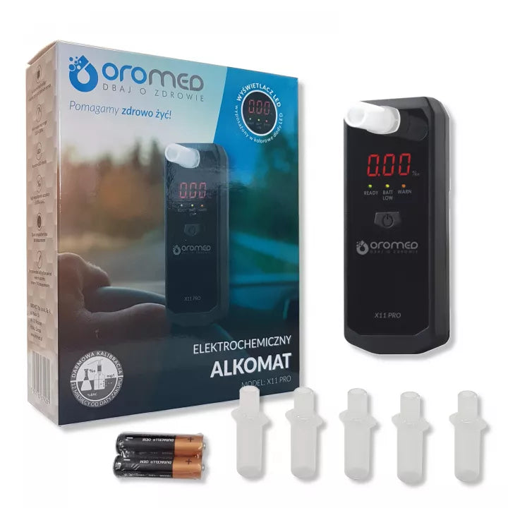 OROMED X11 PRO Elektrocheminis tikslus alkoholio matuoklis + pūstukai + kalibravimas 12 mėn.