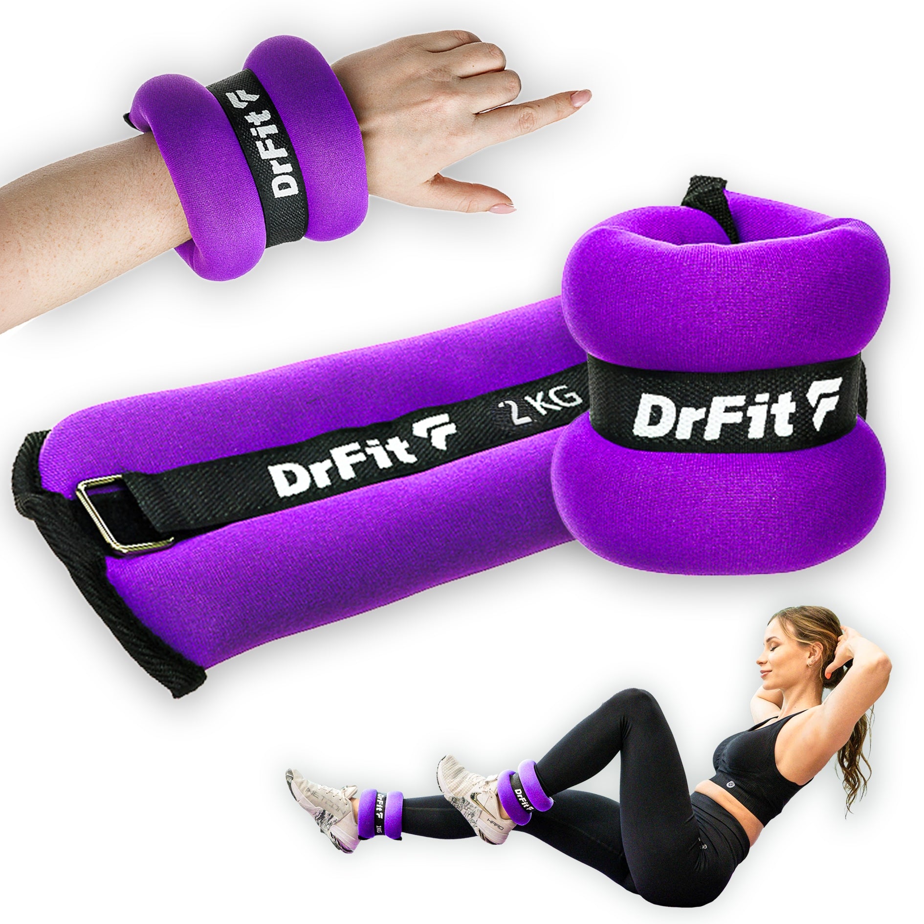 Svoriniai ant čiurnų ir riešų rinkinys 2x 2 kg treniruotėms, bėgimui, violetiniai