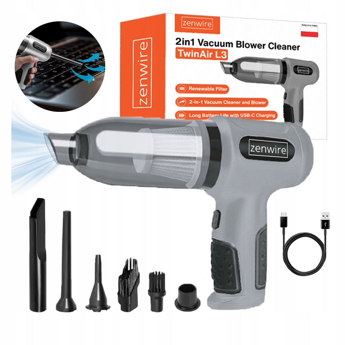 Rankinis belaidis automobilinis dulkių siurblys 2in1, pūstuvas, suspaustas oras