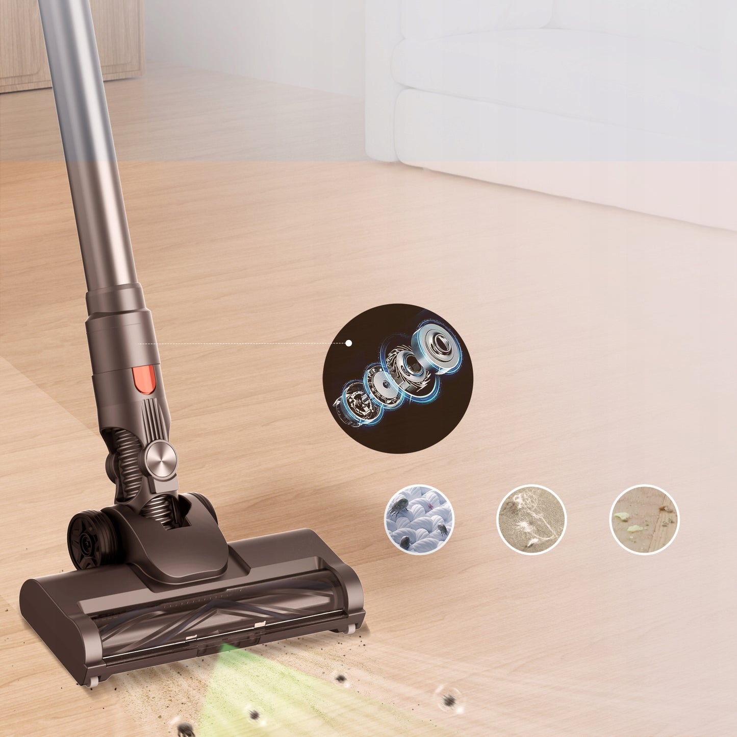 Vertikalus belaidis dulkių siurblys JIGOO C200 23Kpa 72dB 40Min 1.2L LED 350W