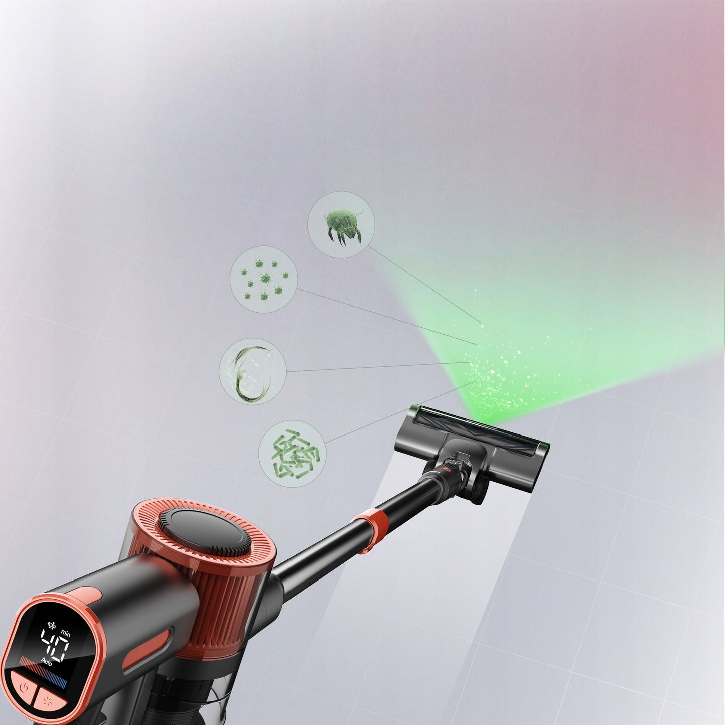 Vertikalus belaidis dulkių siurblys JIGOO C200 23Kpa 72dB 40Min 1.2L LED 350W