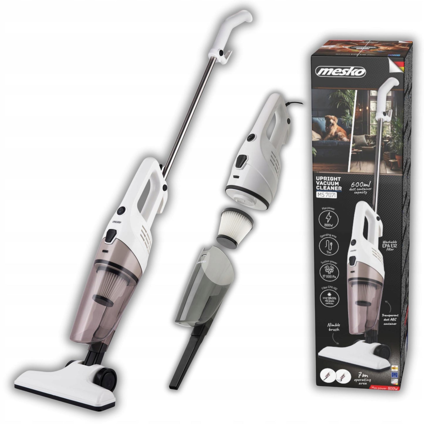 Galingas 17kPa 800W vertikalus dulkių siurblys 2-in-1, su filtru, ilgu laidu, vielinis, rankinis