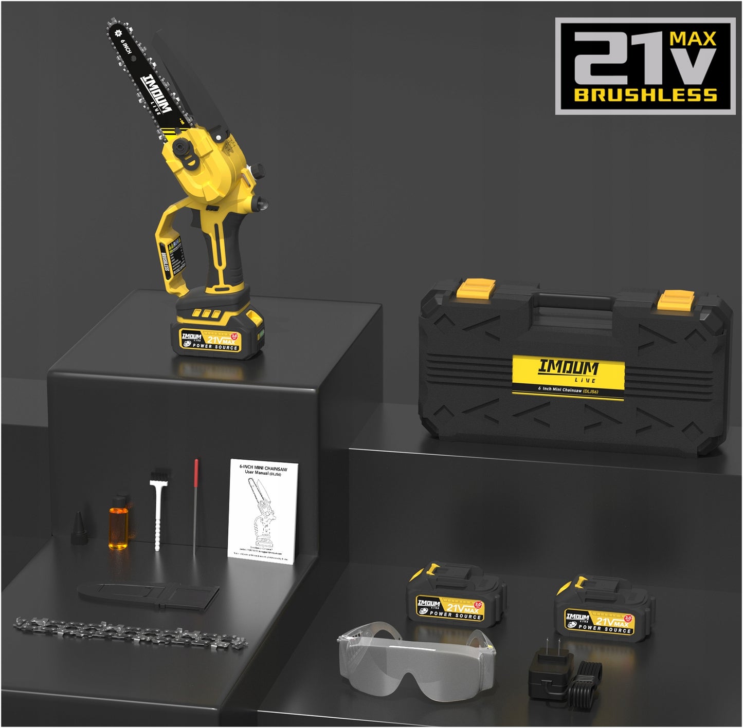 Akumuliatorinis grandininis pjūklas PRO 6" 2 AKU + DĖKLAS GALINGAS IMOUM