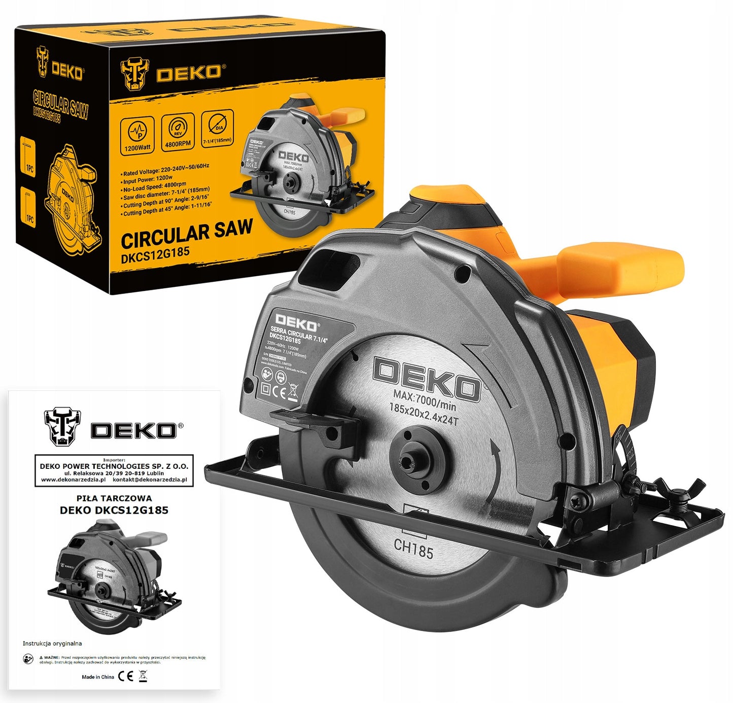 Rankinis diskinis medžio pjūklas 1200W, diskas 185mm DEKO