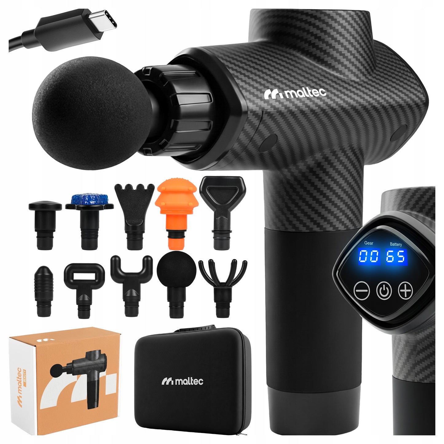 MASAŽINIS PISTOLETO KOMPLEKTAS NUGARAI, KŪNUI, PĖDOMS SU dėklu ir 10 ANTGALIŲ