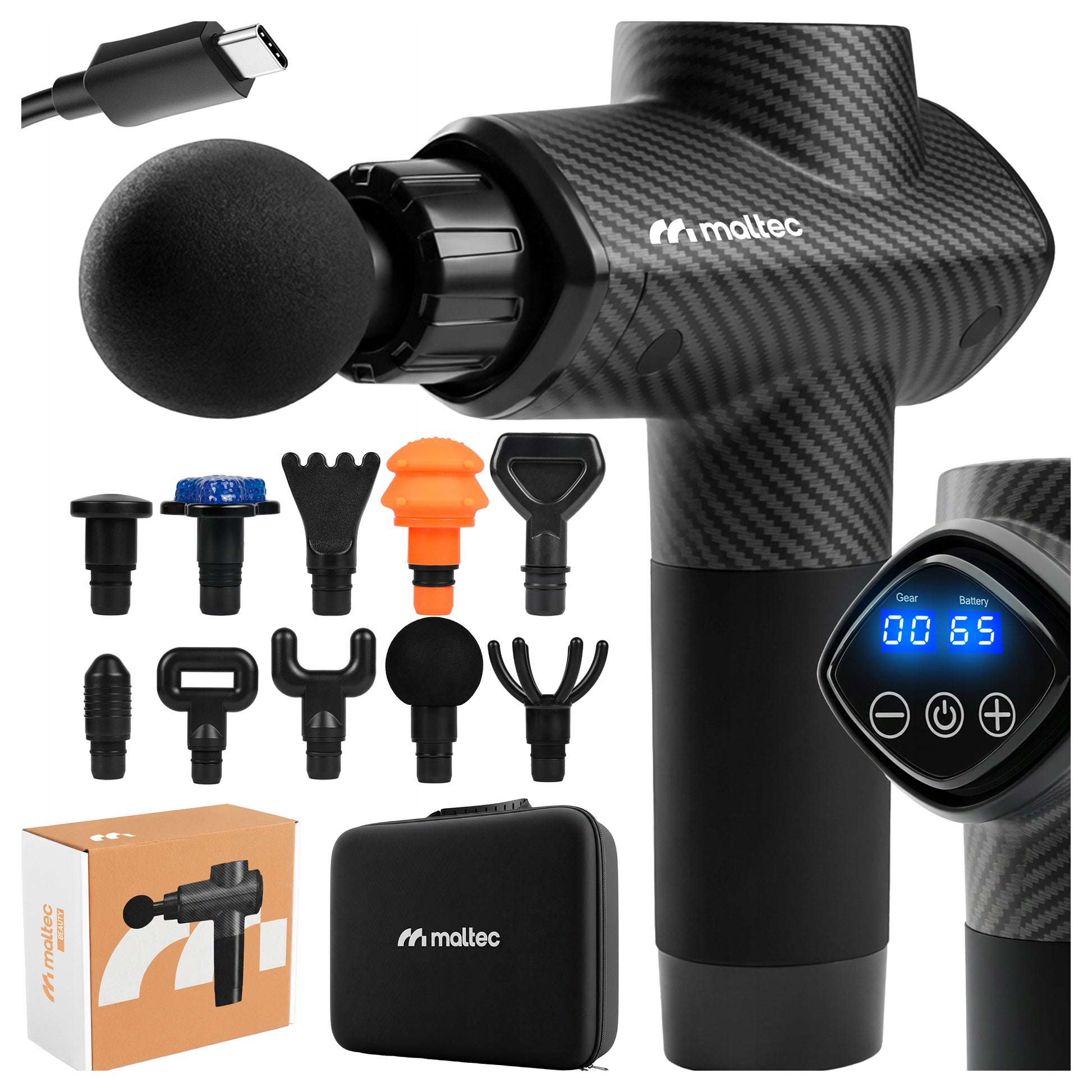 MASAŽINIS PISTOLETO KOMPLEKTAS NUGARAI, KŪNUI, PĖDOMS SU dėklu ir 10 ANTGALIŲ