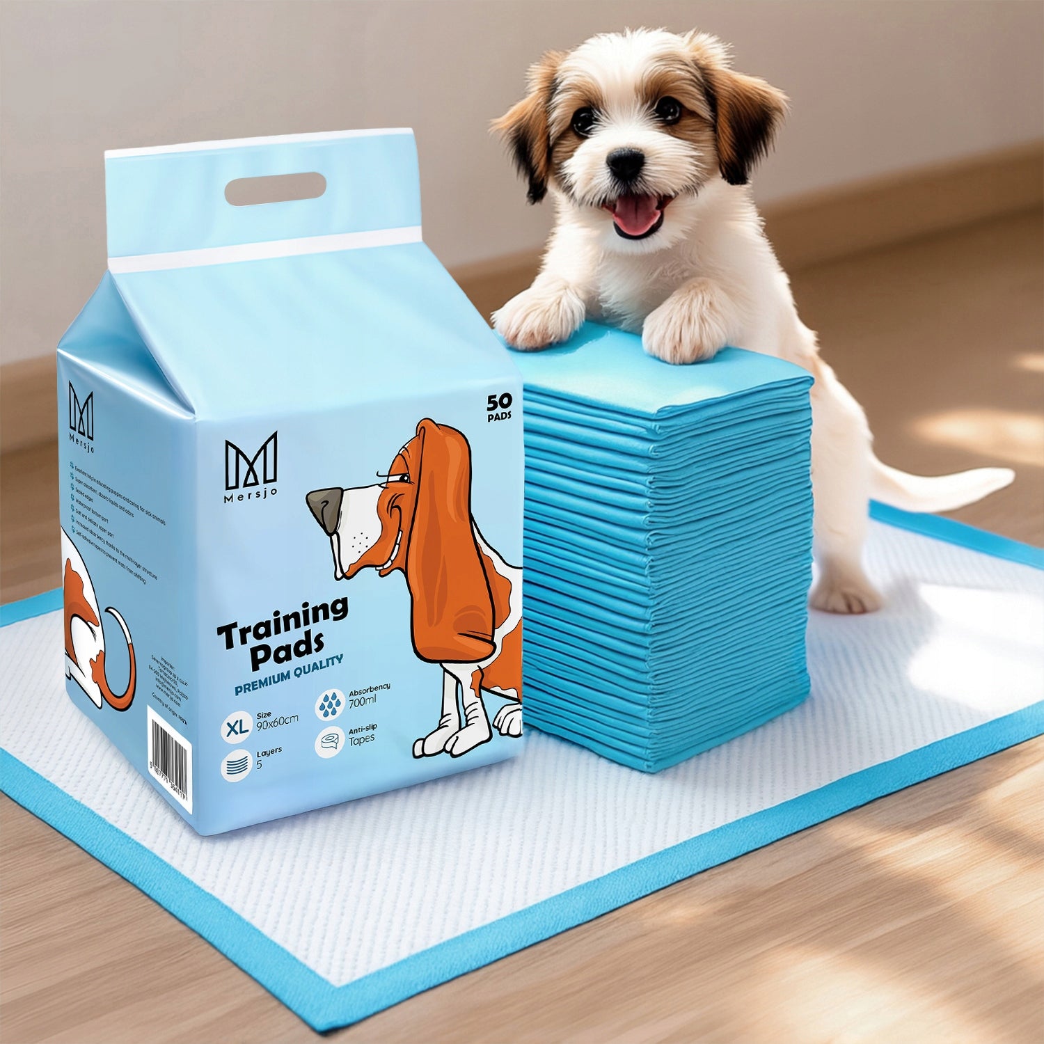 Sugiamųjų paklotų šlapimo kilimėliai šuniukams MERSJO 90x60 50 vnt.