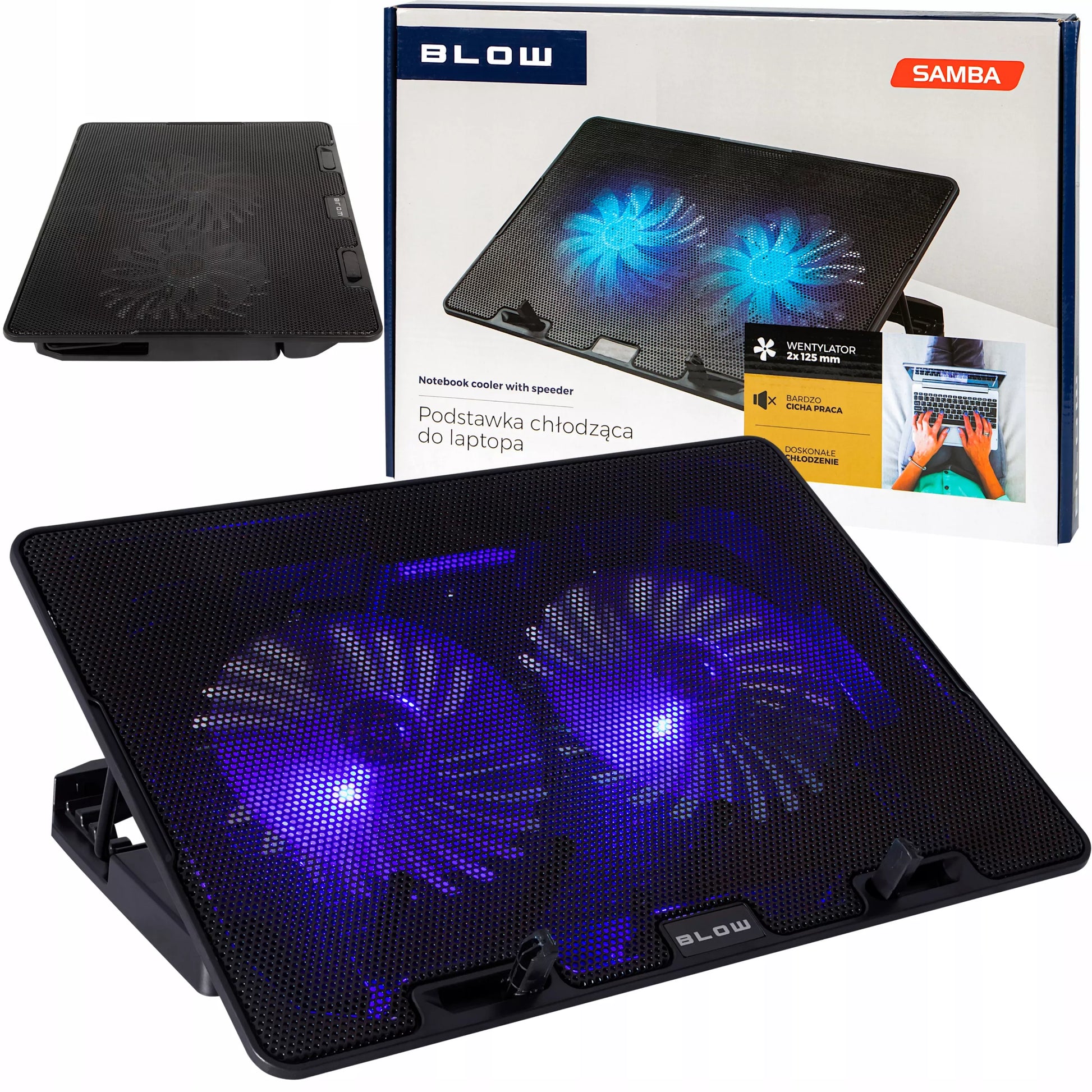 BLOW nešiojamojo kompiuterio aušinimo padas 12-17 colių su LED, reguliuojamas, 2 ventiliatoriai, USB