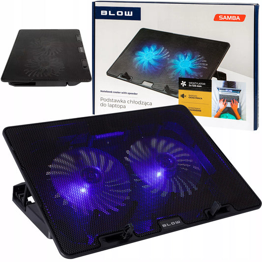 BLOW nešiojamojo kompiuterio aušinimo padas 12-17 colių su LED, reguliuojamas, 2 ventiliatoriai, USB