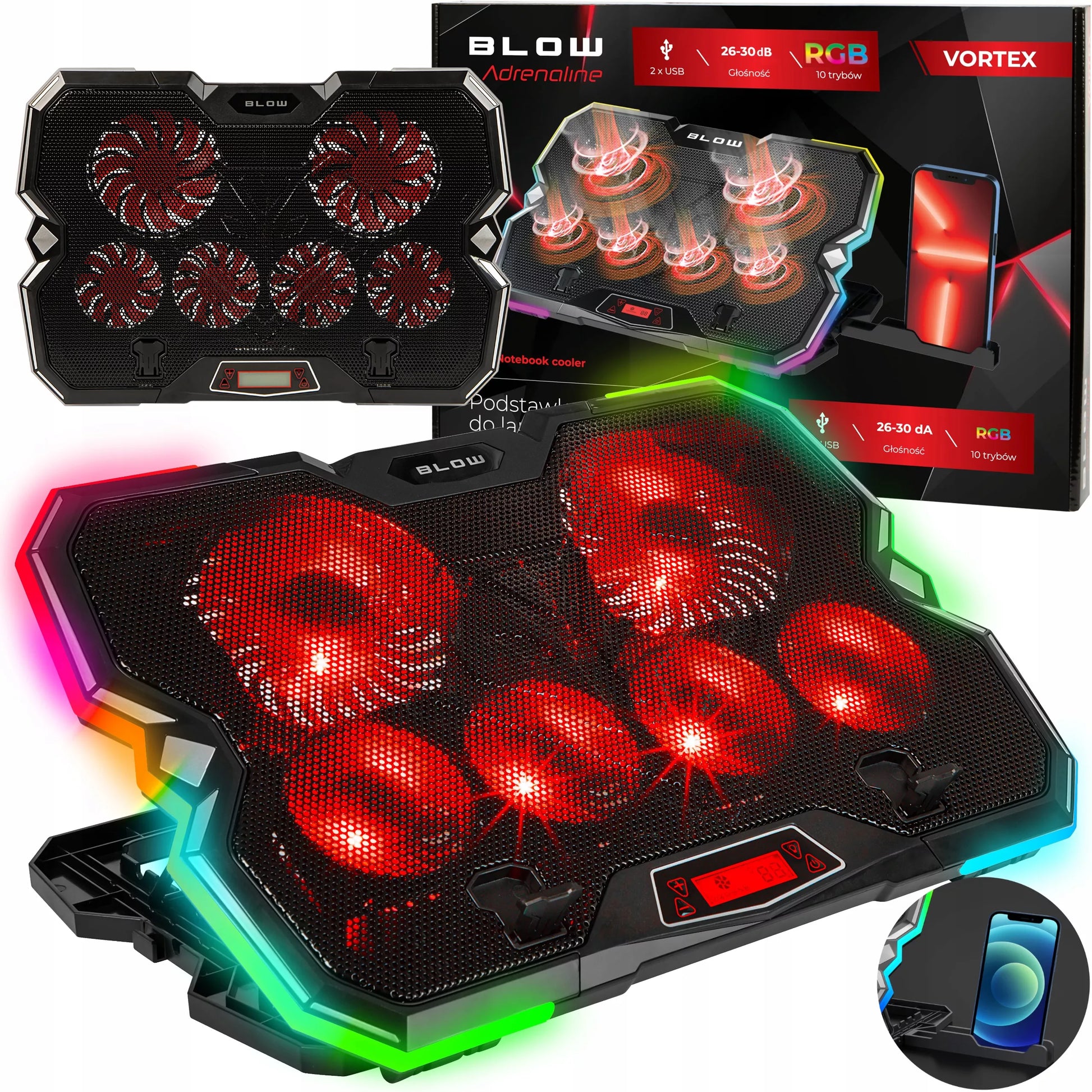 Reguliuojamas nešiojamojo kompiuterio aušinimo stovas 9-17'' LED RGB 2x USB