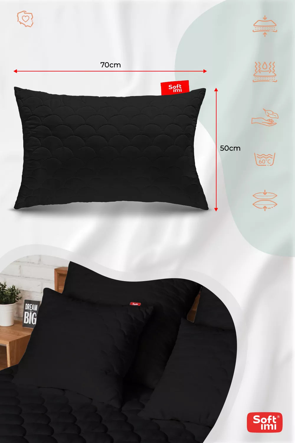 Antialerginė pagalvė 2 x 50x70 cm, miego komplektas, dygsniuota, juoda, Lenkija