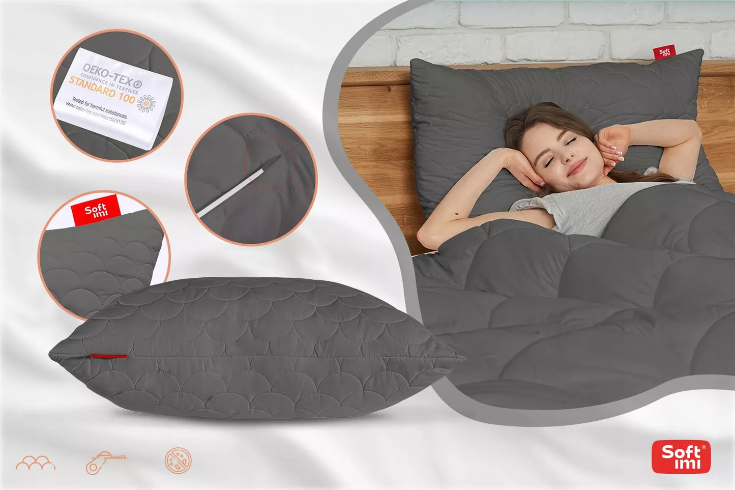 Antialerginė pagalvė 2x50x70cm miego komplektas dygsniuota pilka iš Lenkijos