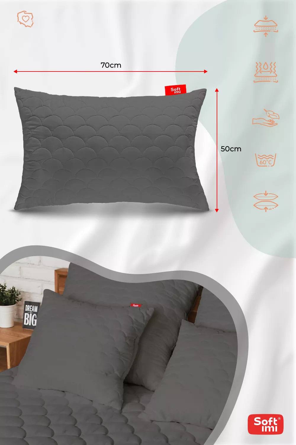 Antialerginė pagalvė 2x50x70cm miego komplektas dygsniuota pilka iš Lenkijos