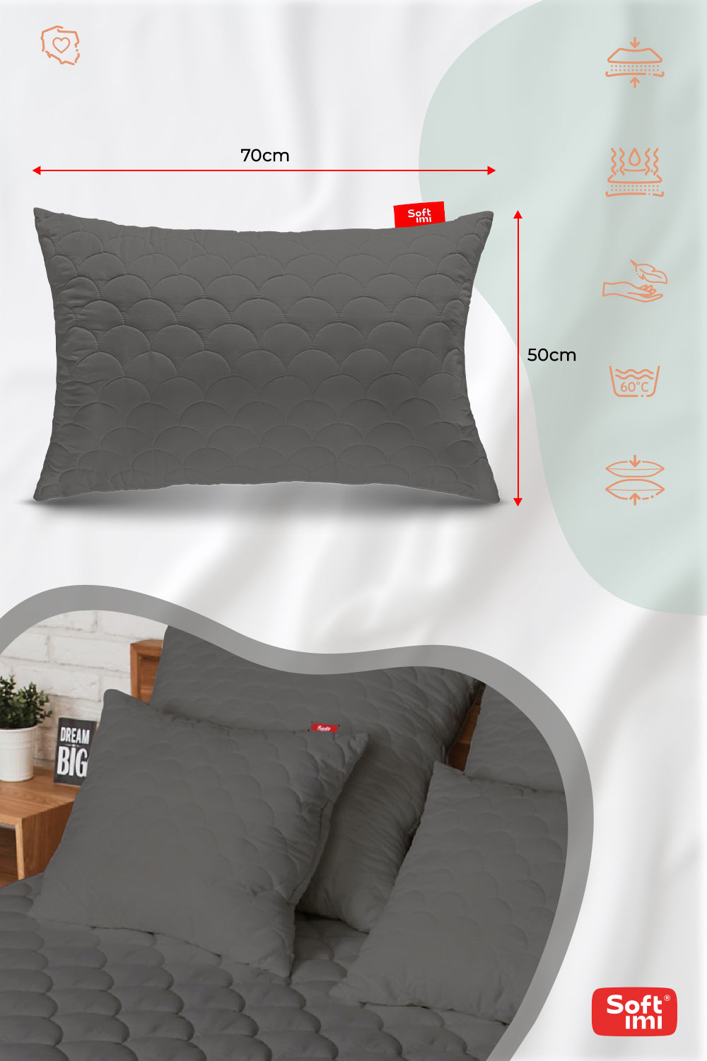 Antialerginė pagalvė 2x50x70cm miego komplektas dygsniuota pilka iš Lenkijos