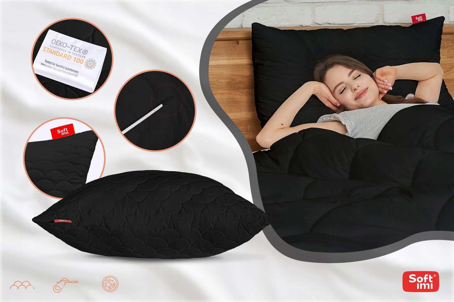 Antialerginė pagalvė 2x70x80 cm Miego komplektas Dygsniuota Juoda Lenkiška