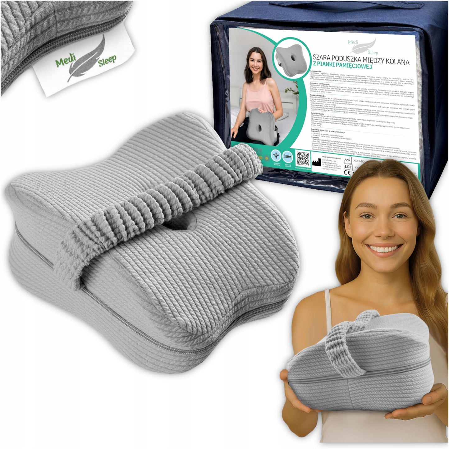 Ortopedinė miego pagalvė memory, pleištas po kojomis tarp kelių, pilka