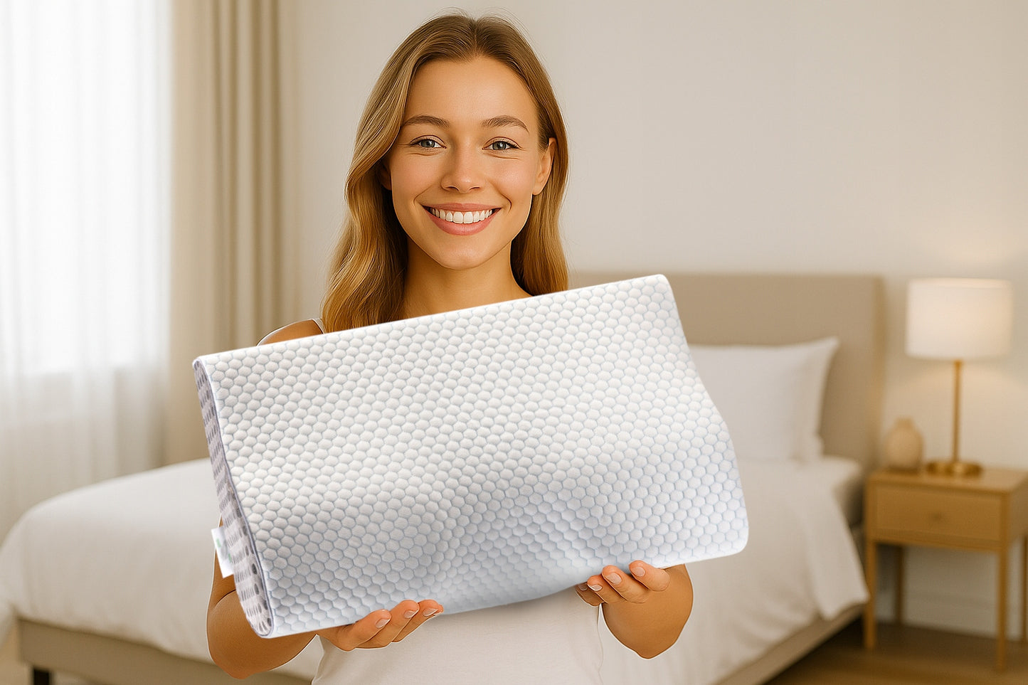 Ortopedinė pagalvė šoniniam ir pilvo miegui, profiliuota iš memory putų.