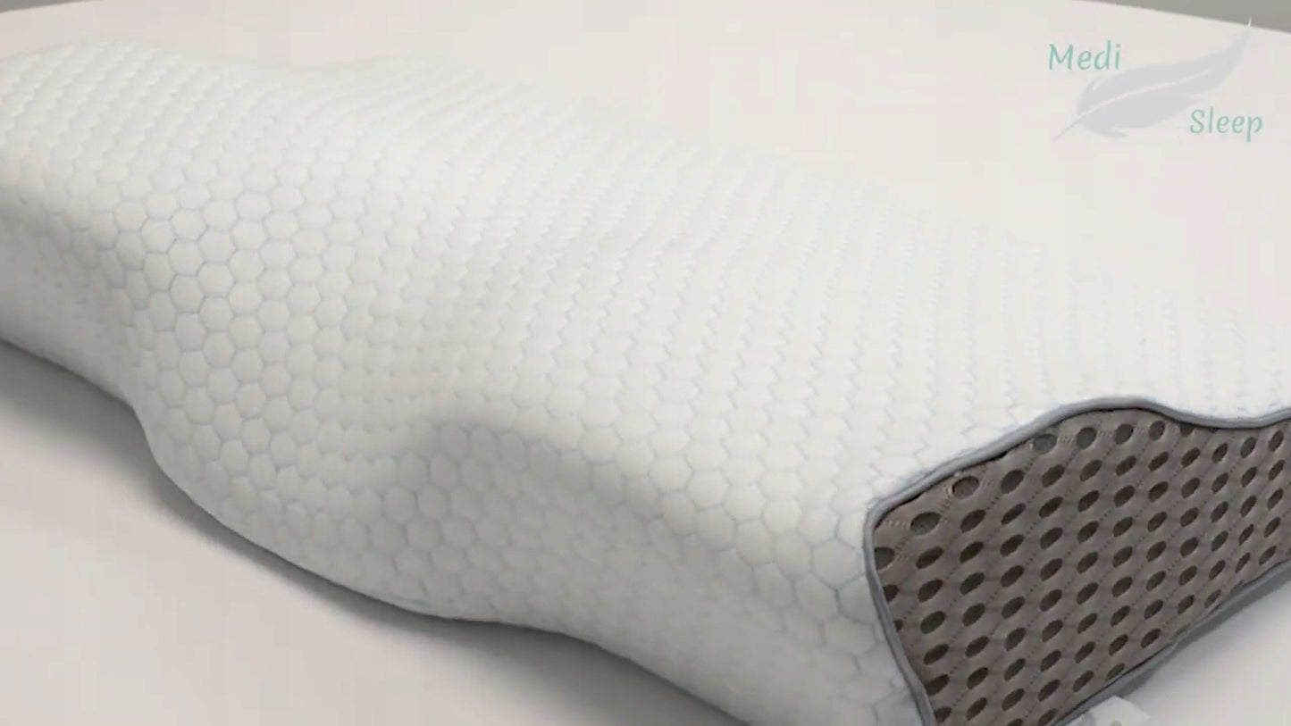 Ortopedinė pagalvė šoniniam ir pilvo miegui, profiliuota iš memory putų.