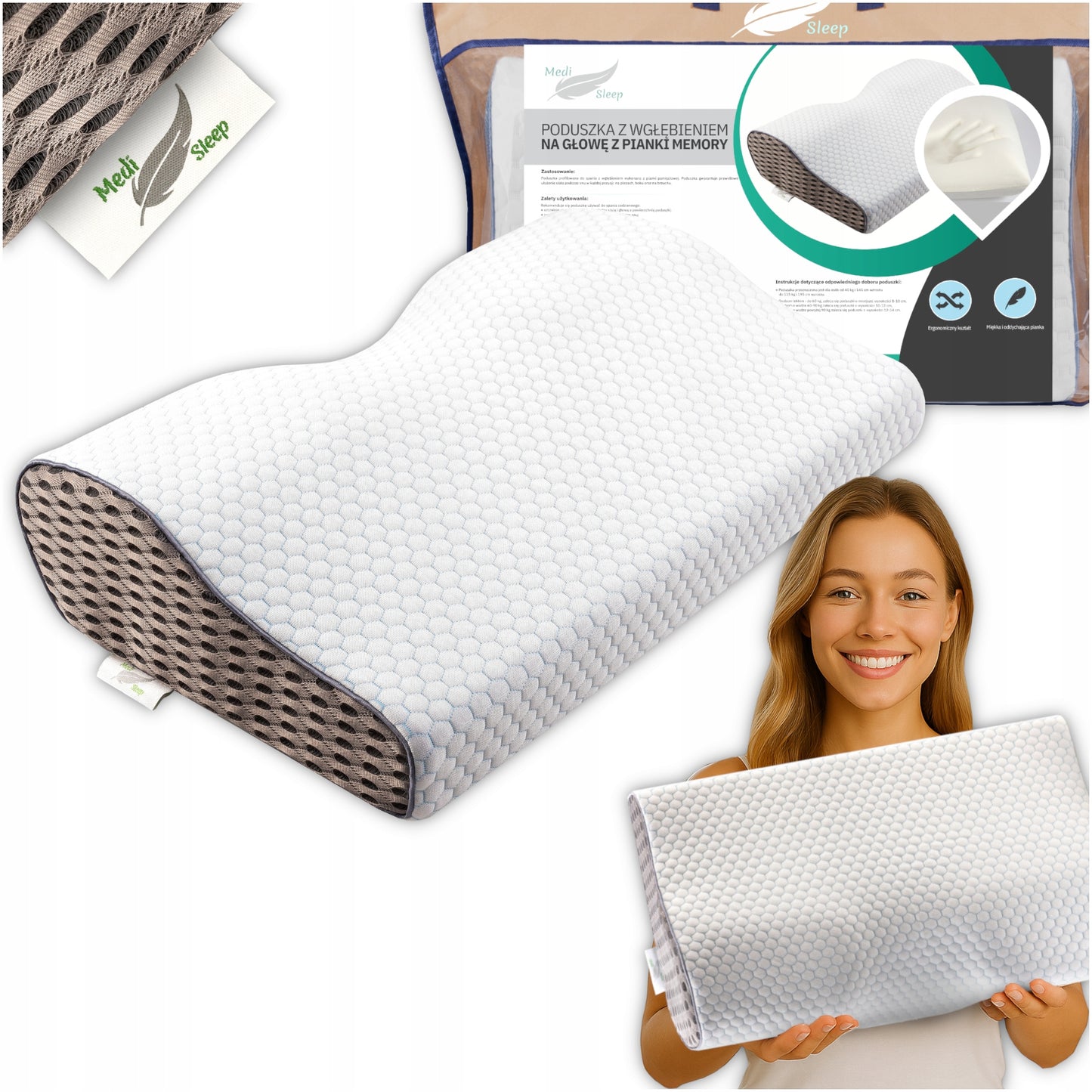 Ortopedinė pagalvė šoniniam ir pilvo miegui, profiliuota iš memory putų.
