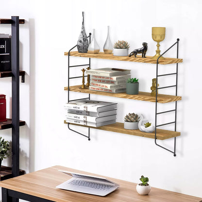 Juoda metalinė loft stiliaus kabanti lentyna svetainei ant sienos