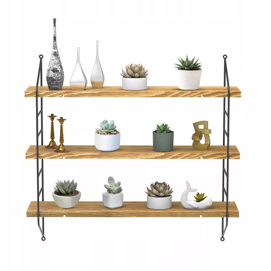 Juoda metalinė loft stiliaus kabanti lentyna svetainei ant sienos