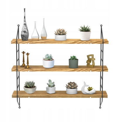 Juoda metalinė loft stiliaus kabanti lentyna svetainei ant sienos