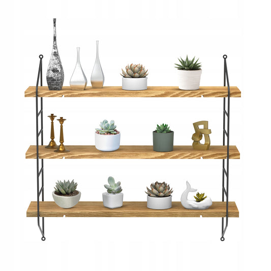 Juoda metalinė loft stiliaus kabanti lentyna svetainei ant sienos