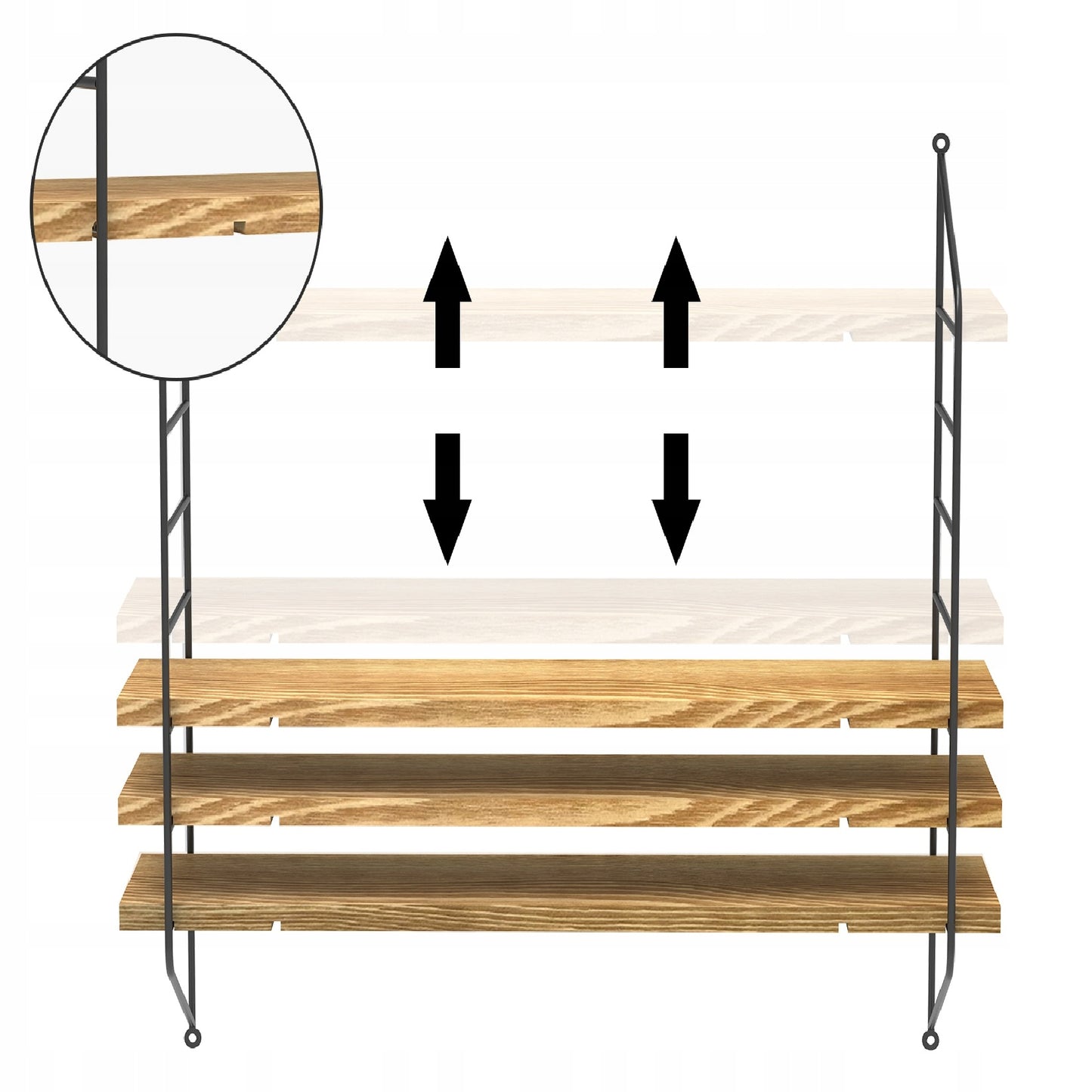Juoda metalinė loft stiliaus kabanti lentyna svetainei ant sienos