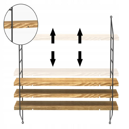Juoda metalinė loft stiliaus kabanti lentyna svetainei ant sienos