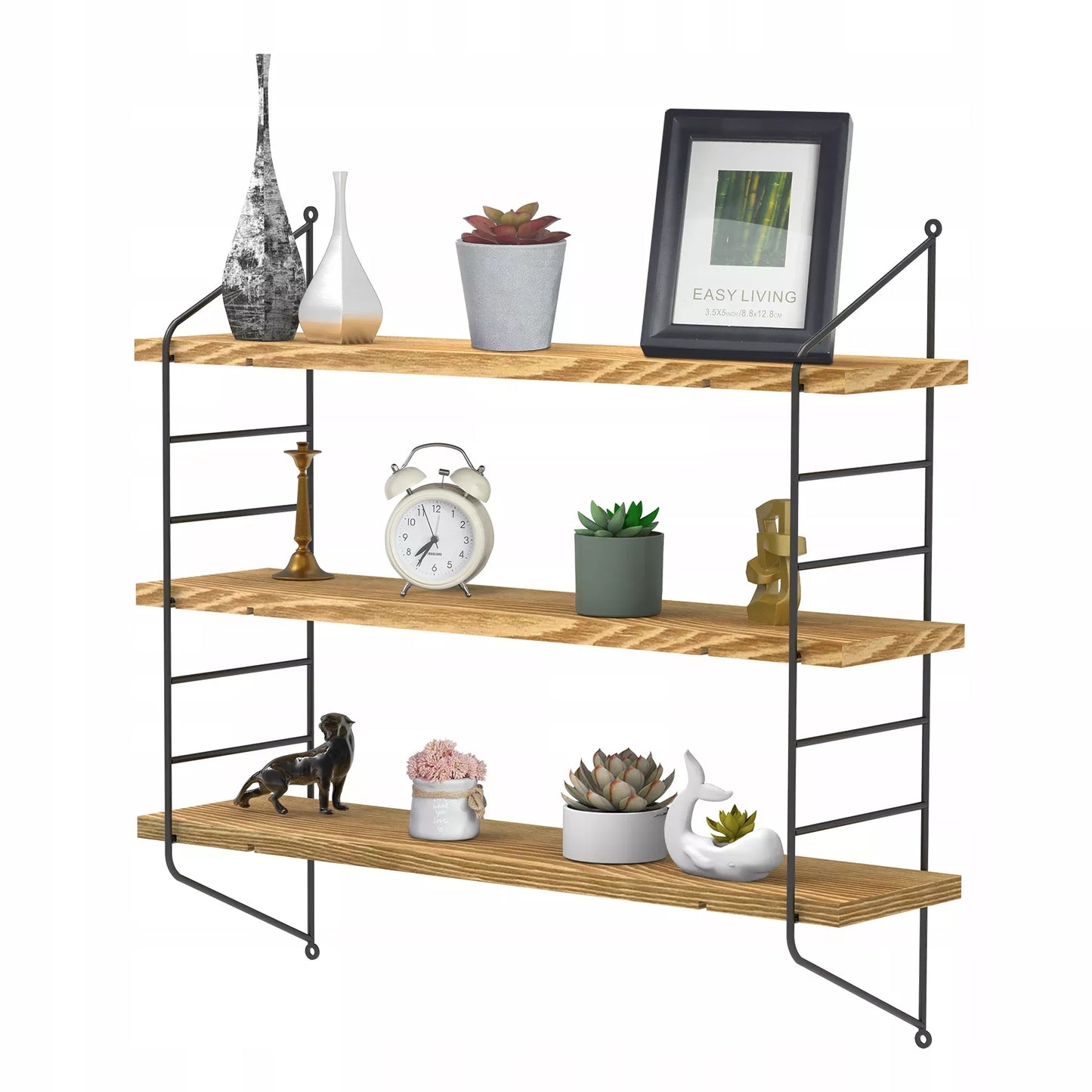 Juoda metalinė loft stiliaus kabanti lentyna svetainei ant sienos
