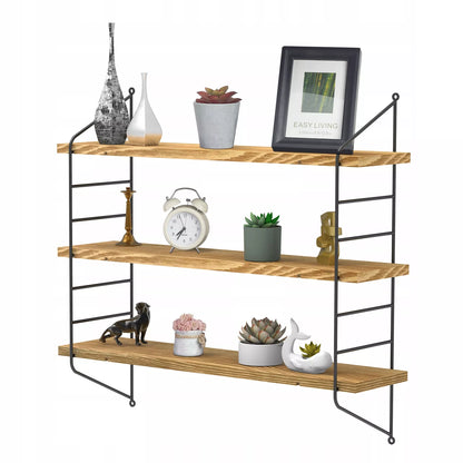 Juoda metalinė loft stiliaus kabanti lentyna svetainei ant sienos