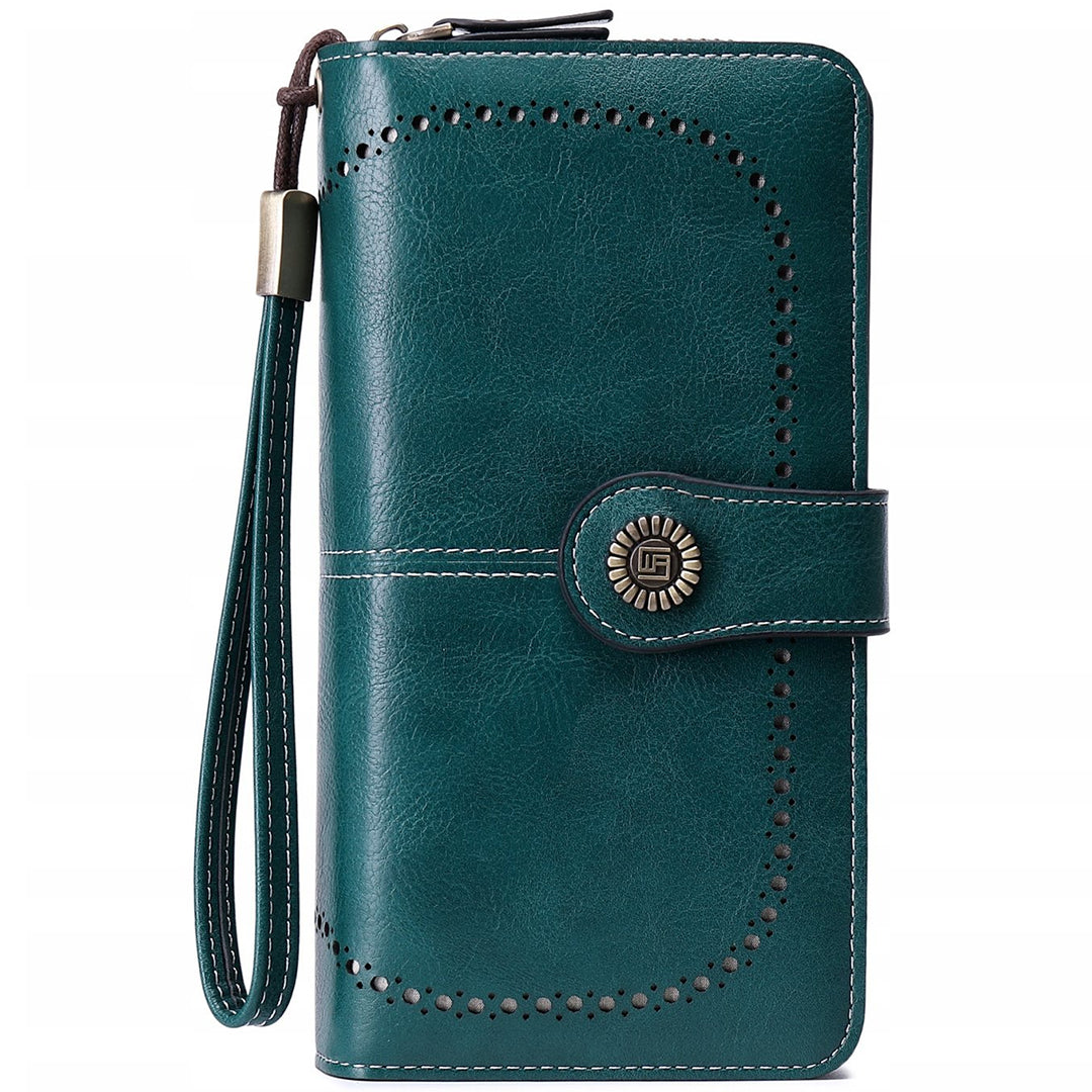 Moteriška odinė žalia piniginė su RFID, didelė, su spaude, užtrauktuku, dirželiu, rinkinys