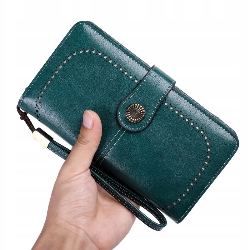 Moteriška odinė žalia piniginė su RFID, didelė, su spaude, užtrauktuku, dirželiu, rinkinys
